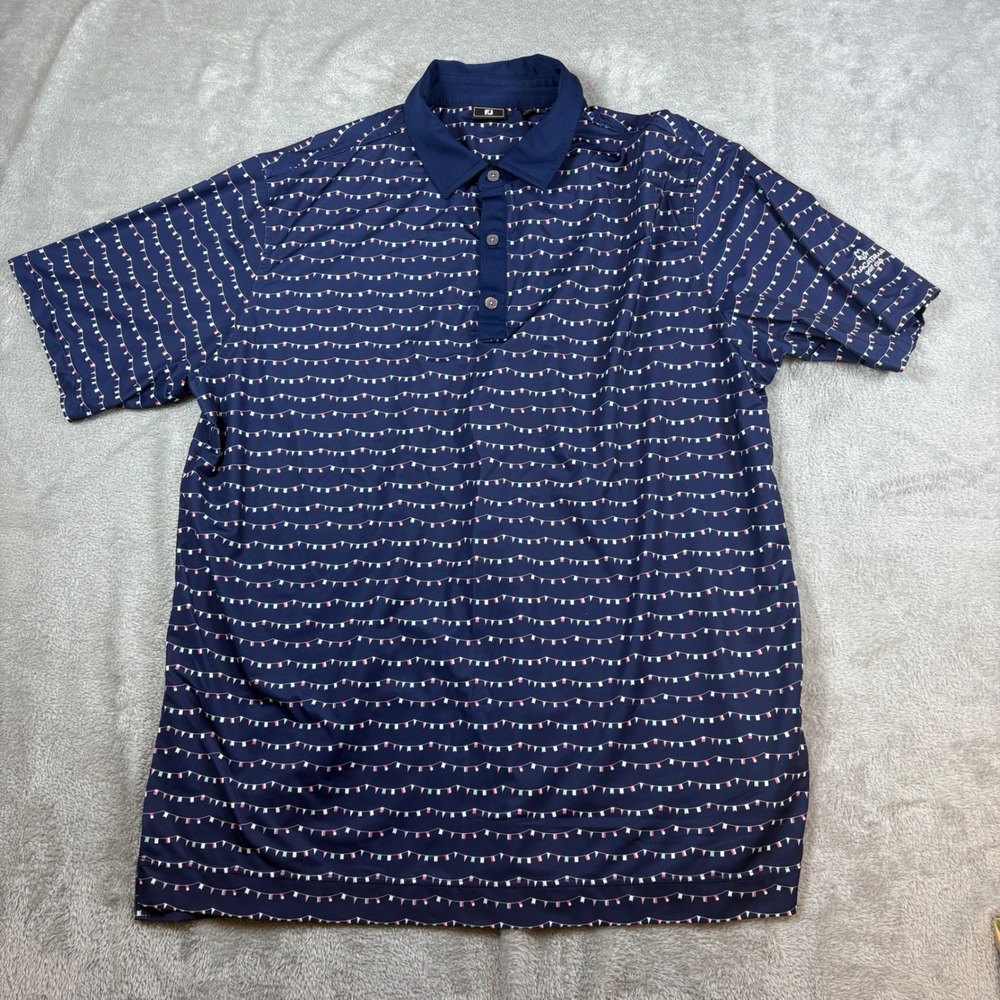 FootJoy Shirts Mens‎ XL Macatawa Golf Club Pennant Flag Print Polo Navy Blue